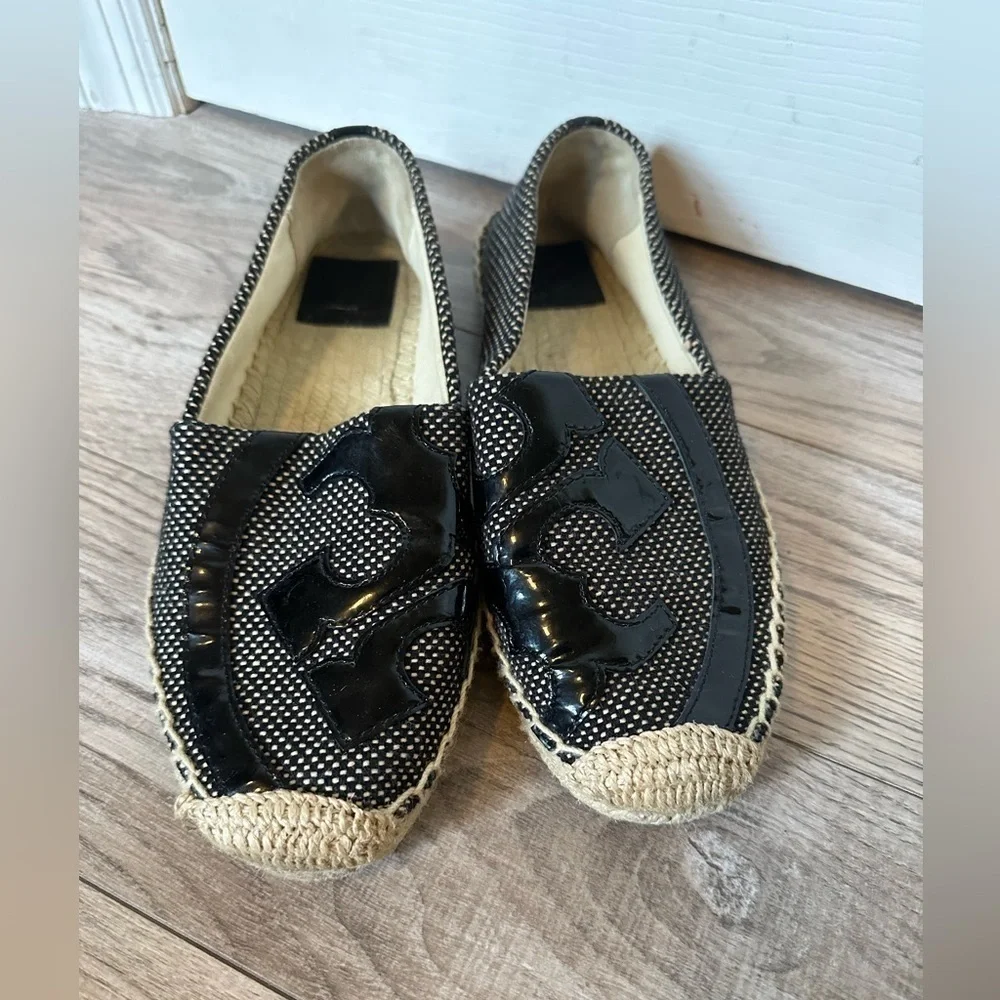 TORY Burch Lonnie Logo Black and Tan Espadrilles